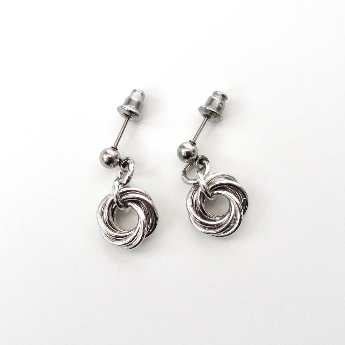 Silver Mini Love Knot Earrings - Minimalist Handmade Anodized Aluminum Jewelry with Post Ear Wires