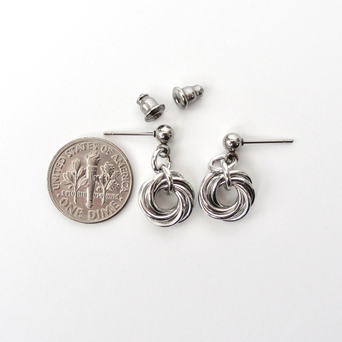 Silver Mini Love Knot Earrings - Minimalist Handmade Anodized Aluminum Jewelry with Post Ear Wires