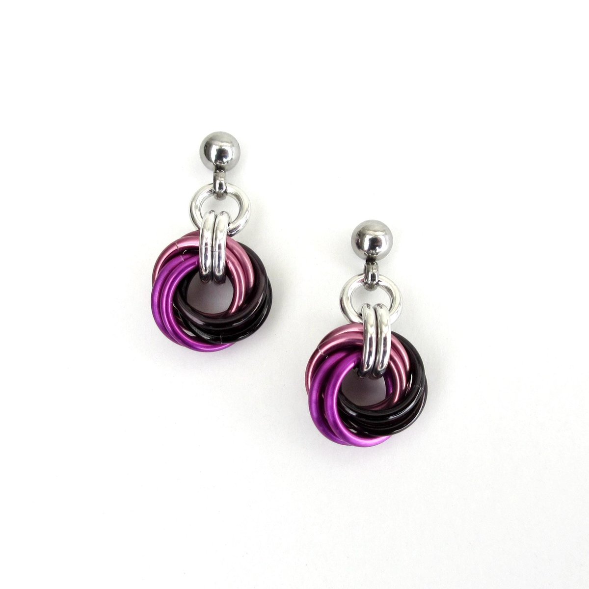 Mauve Violet Black Mini Chainmail Love Knot Drop Earrings: Handmade Minimalist Anodized Aluminum Jewelry