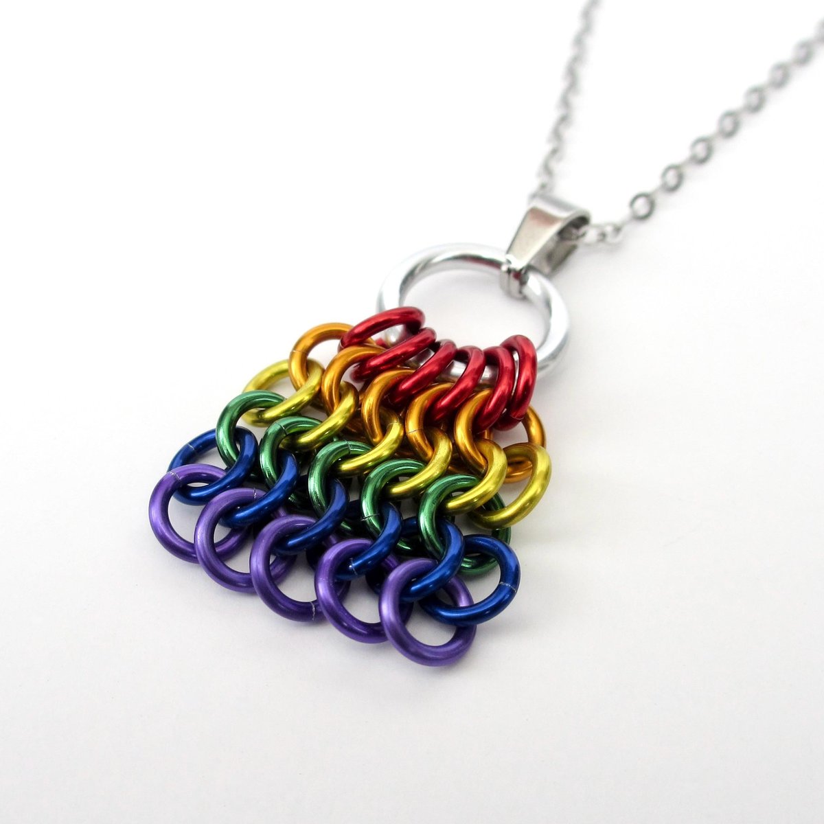 Rainbow Chainmail Mesh Tile Pendant, Gay Pride Flag Necklace - Handmade LGBTQ Jewelry