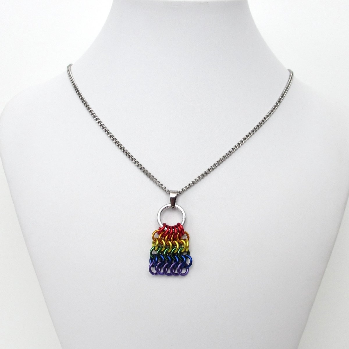 Rainbow Chainmail Mesh Tile Pendant, Gay Pride Flag Necklace - Handmade LGBTQ Jewelry