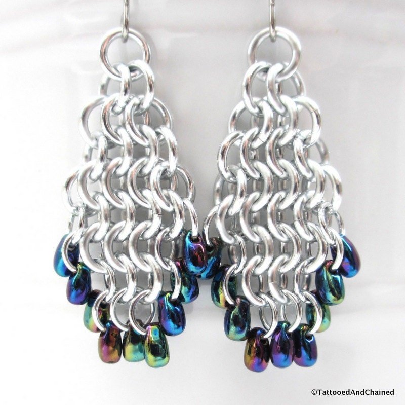 Beaded chainmail earrings, blue iris beads and silver earrings, European 4 in 1 weave chainmail jewelry, tear drop shaped