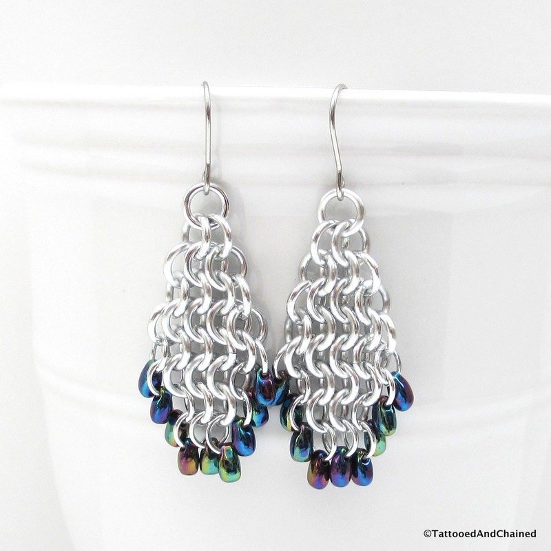Beaded chainmail earrings, blue iris beads and silver earrings, European 4 in 1 weave chainmail jewelry, tear drop shaped