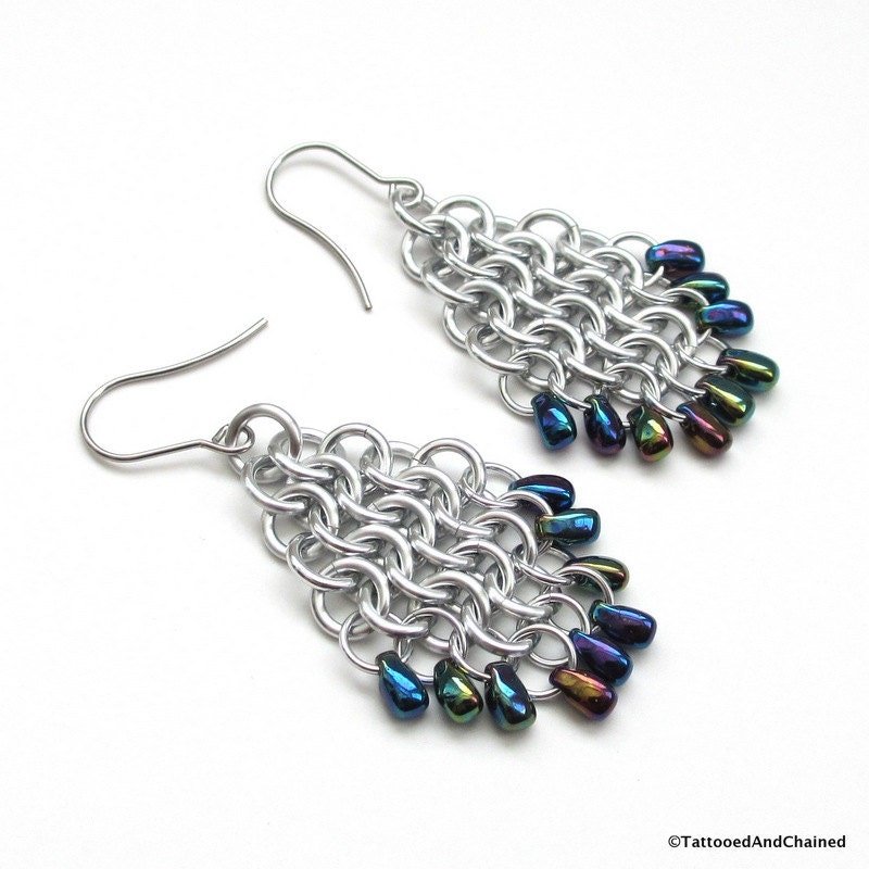 Beaded chainmail earrings, blue iris beads and silver earrings, European 4 in 1 weave chainmail jewelry, tear drop shaped