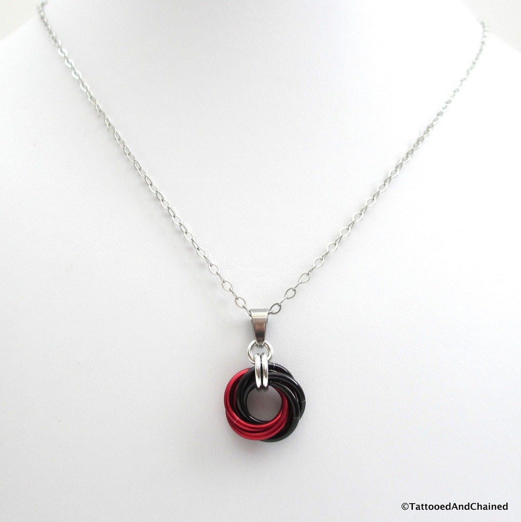 Red and black pendant necklace, chainmail love knot, chainmail jewelry