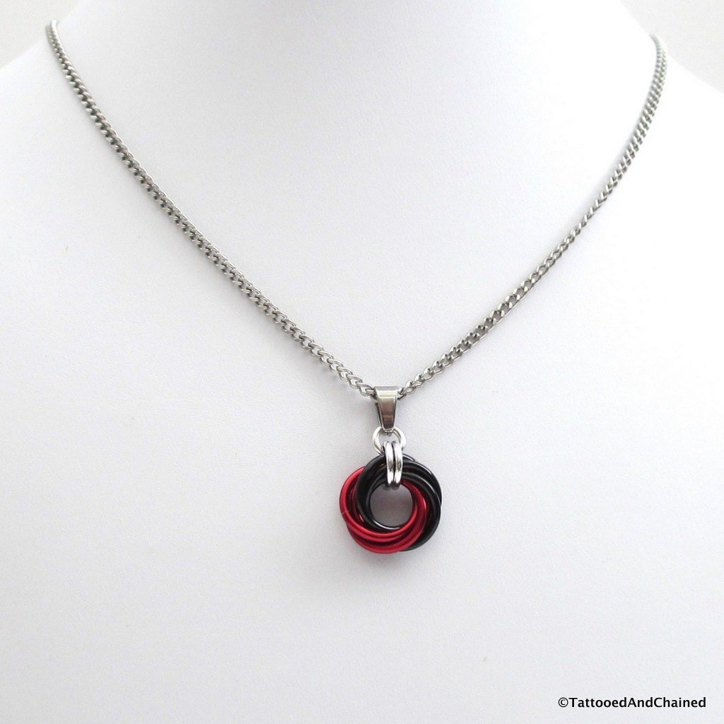 Red and black pendant necklace, chainmail love knot, chainmail jewelry
