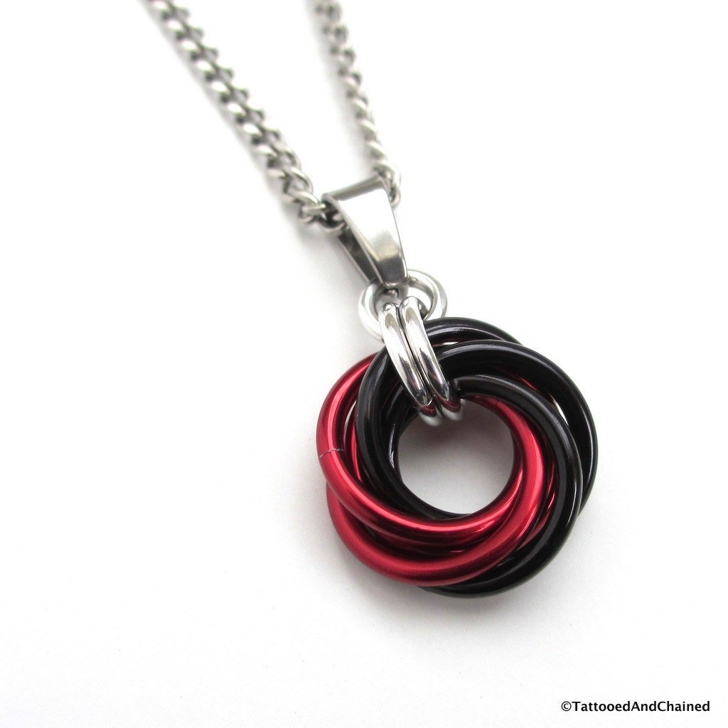 Red and black pendant necklace, chainmail love knot, chainmail jewelry
