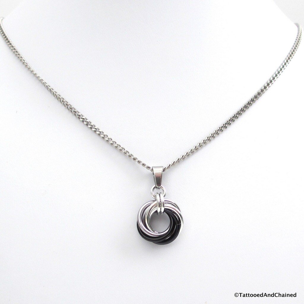 Silver, gray, and black pendant necklace, chainmail love knot, chainmail jewelry