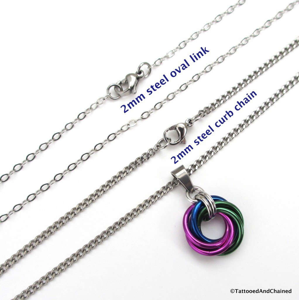 Chainmail pendant necklace; green, violet, and blue love knot pendant for women, peacock color jewelry
