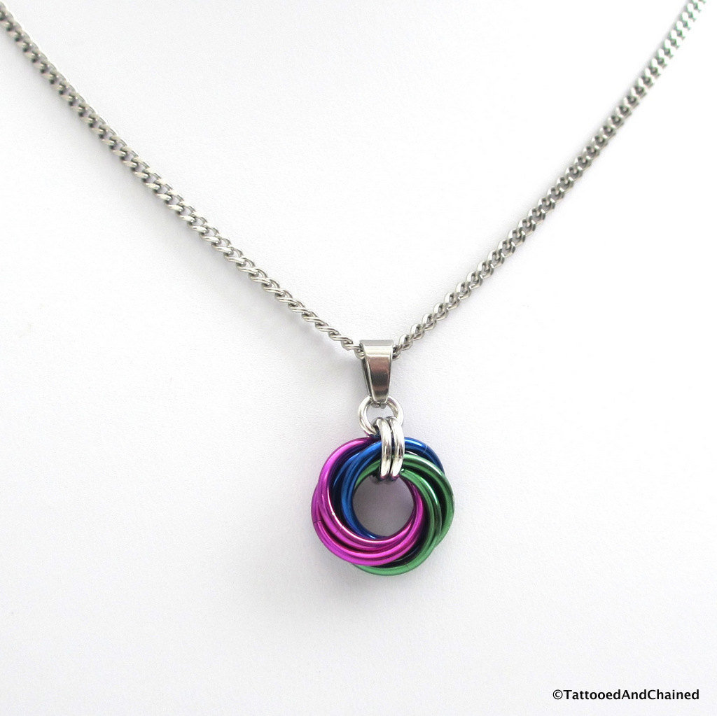 Chainmail pendant necklace; green, violet, and blue love knot pendant for women, peacock color jewelry