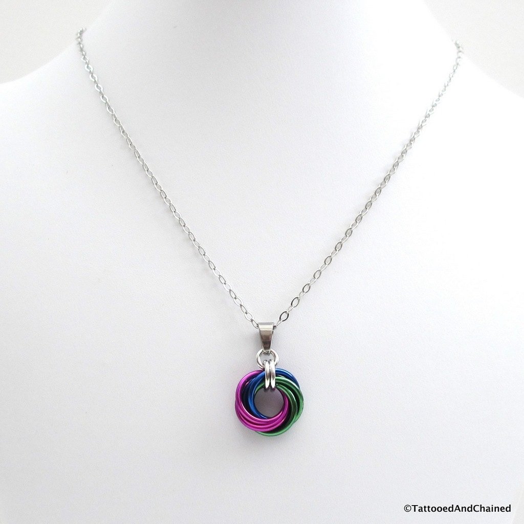 Chainmail pendant necklace; green, violet, and blue love knot pendant for women, peacock color jewelry