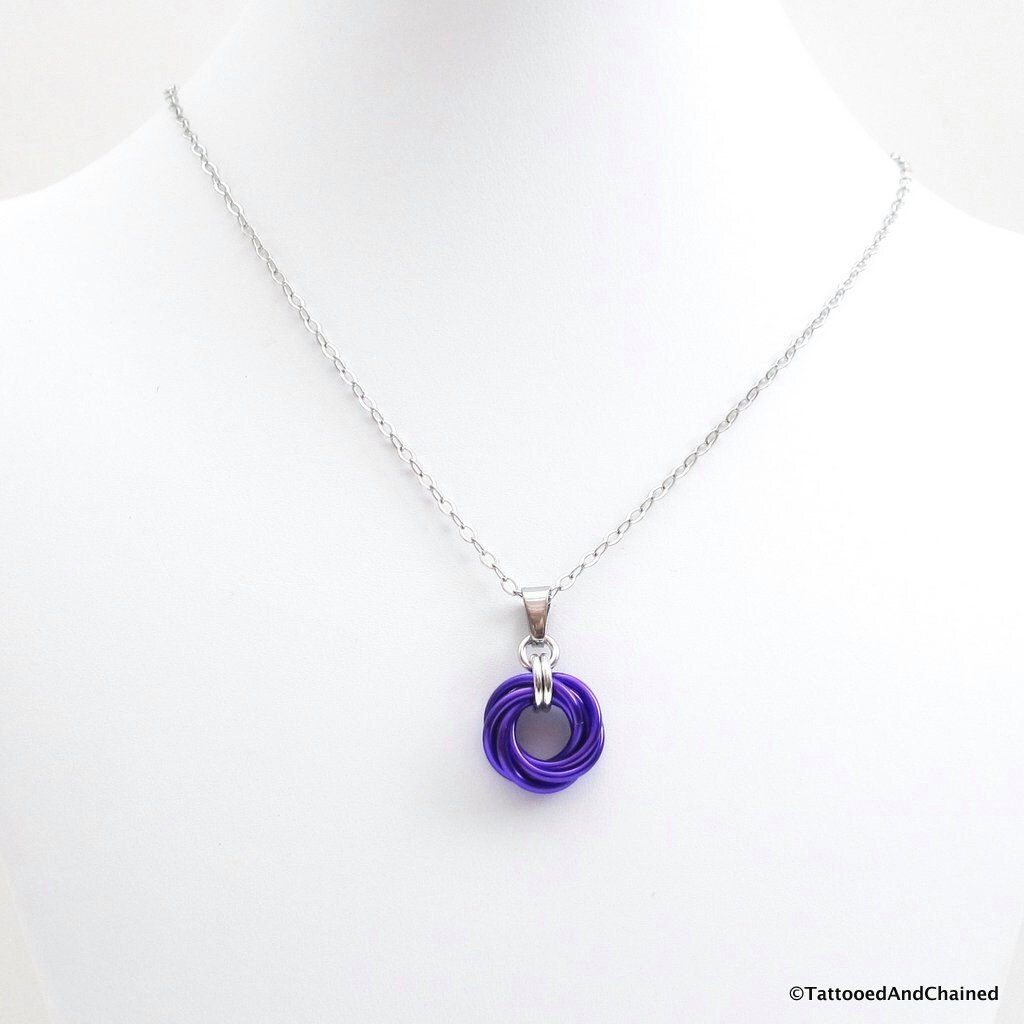 Purple pendant, chainmail love knot, small circle necklace, purple jewelry