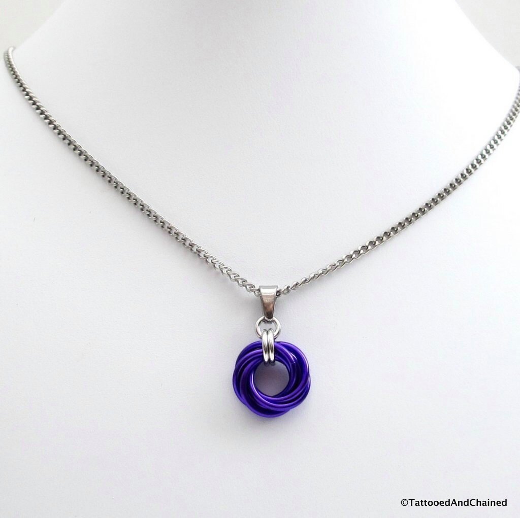 Purple pendant, chainmail love knot, small circle necklace, purple jewelry