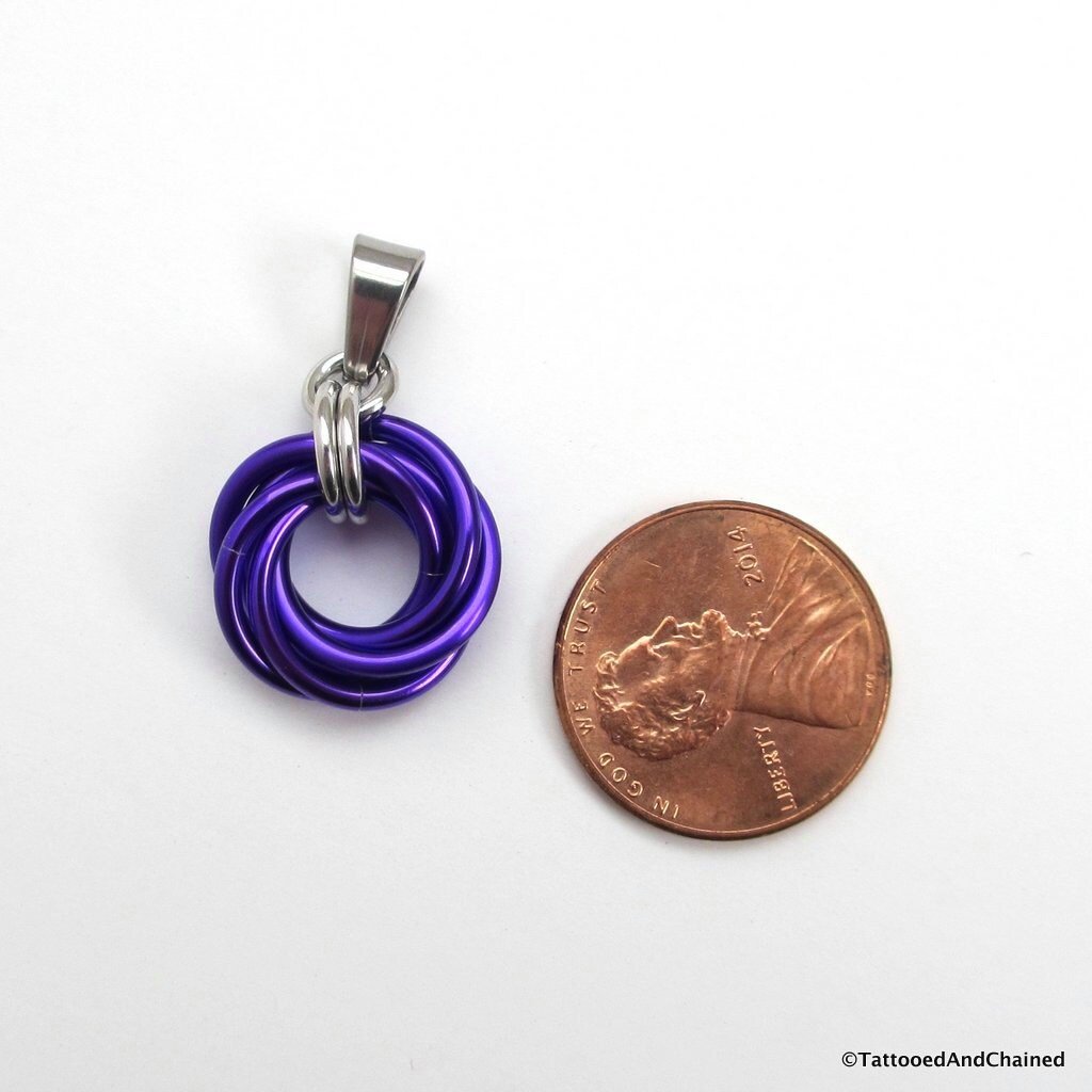 Purple pendant, chainmail love knot, small circle necklace, purple jewelry