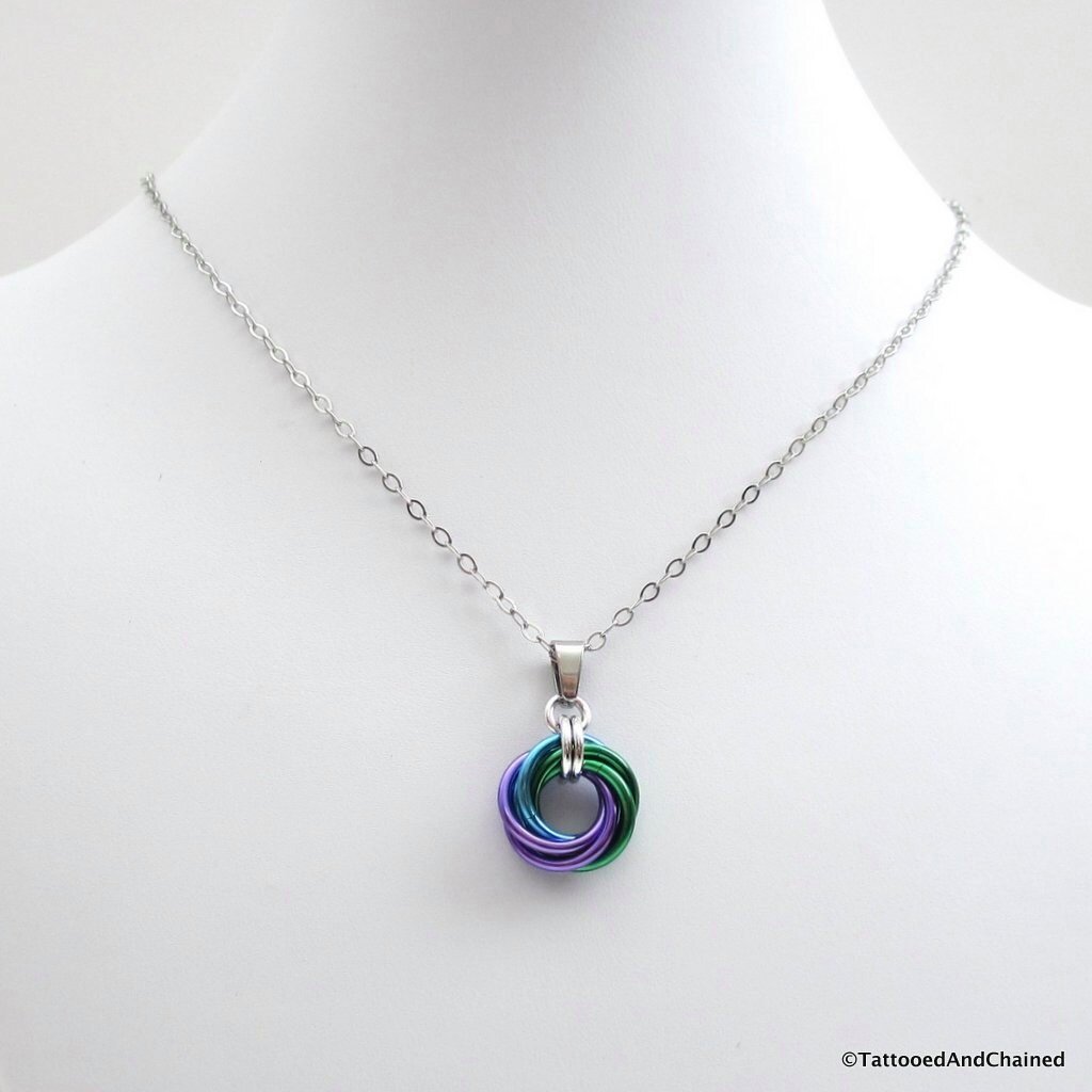 Chainmail love knot pendant, small circle necklace, purple, turquoise, and green jewelry
