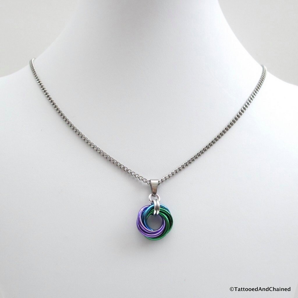 Chainmail love knot pendant, small circle necklace, purple, turquoise, and green jewelry