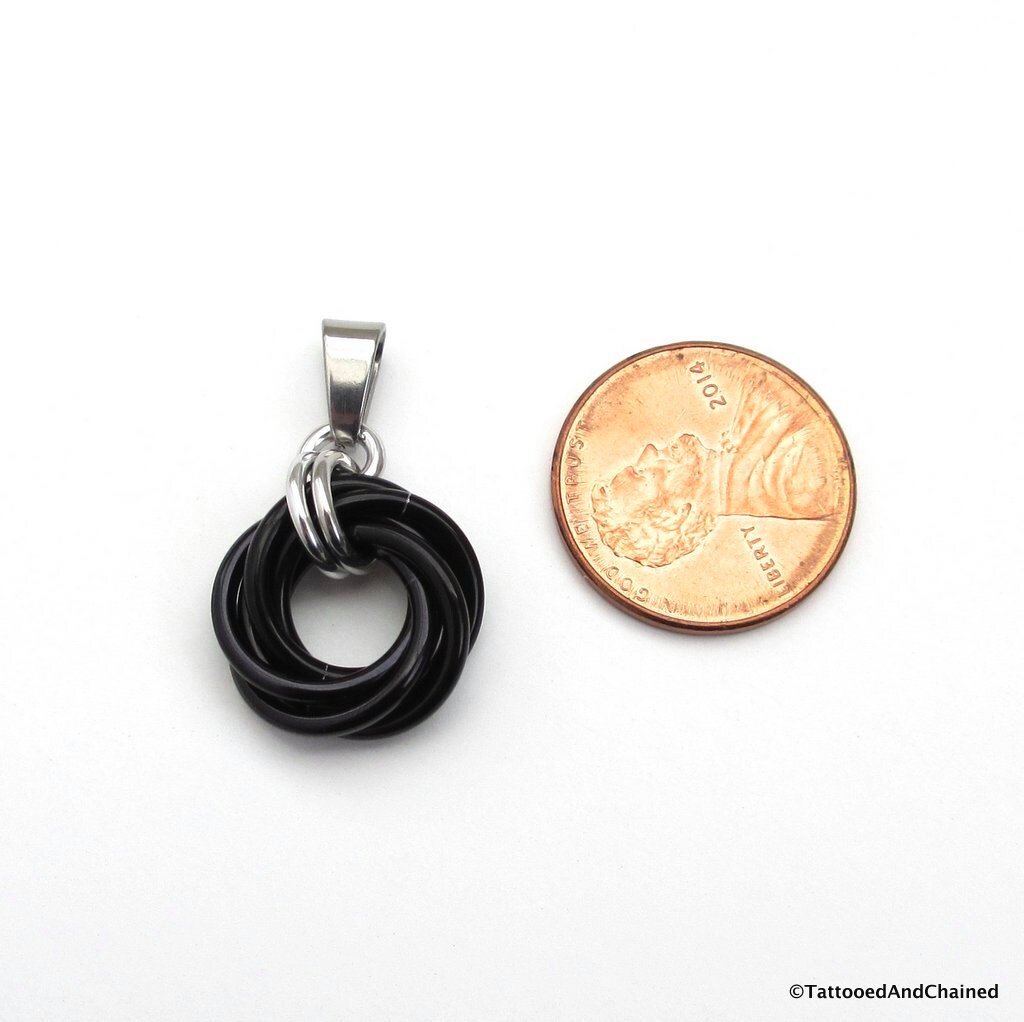 Black love knot pendant, small circle necklace, black chainmail jewelry