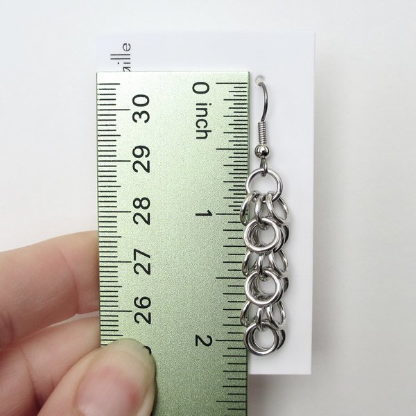 Silver aluminum chainmaille earrings, Shaggy Loops weave