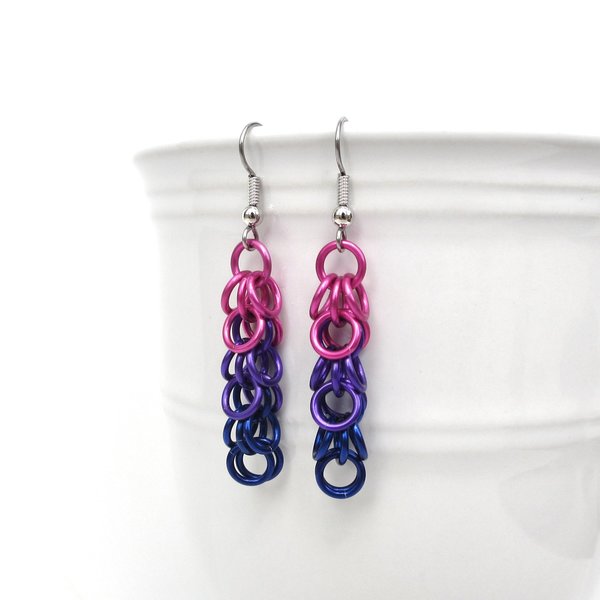 Bi pride chainmaille shaggy loops earrings, bisexual pride jewelry