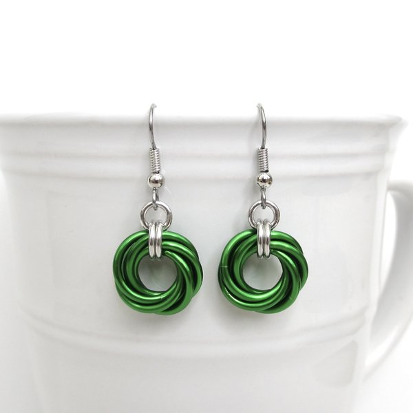 Shamrock green earrings, chainmaille love knot jewelry, minimalist style
