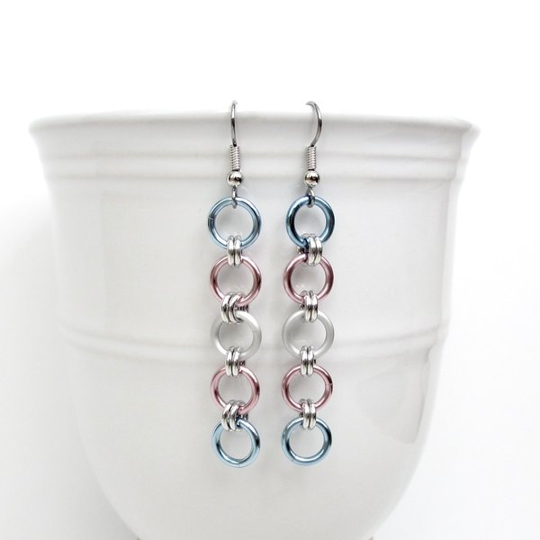 Trans pride flag earrings, simple LGBTQ chainmail jewelry
