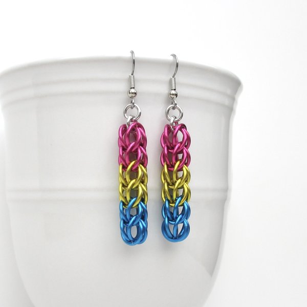 Pansexual pride earrings, LGBTQIA pride jewelry, full Persian chainmail weave; pink, yellow, light blue