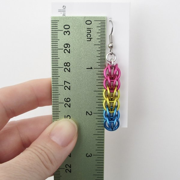 Pansexual pride earrings, LGBTQIA pride jewelry, full Persian chainmail weave; pink, yellow, light blue