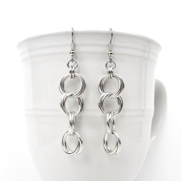 Silver aluminum chain dangle earrings, simple chainmail for everyday wear