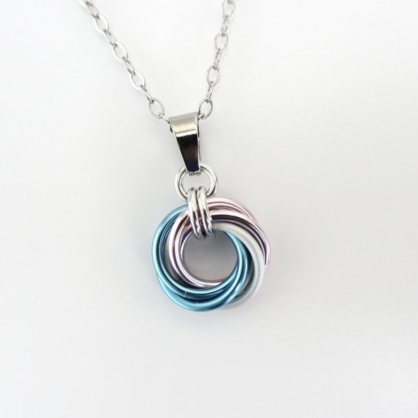 Transgender pride pendant necklace, chainmail love knot, trans pride jewelry, pink white blue