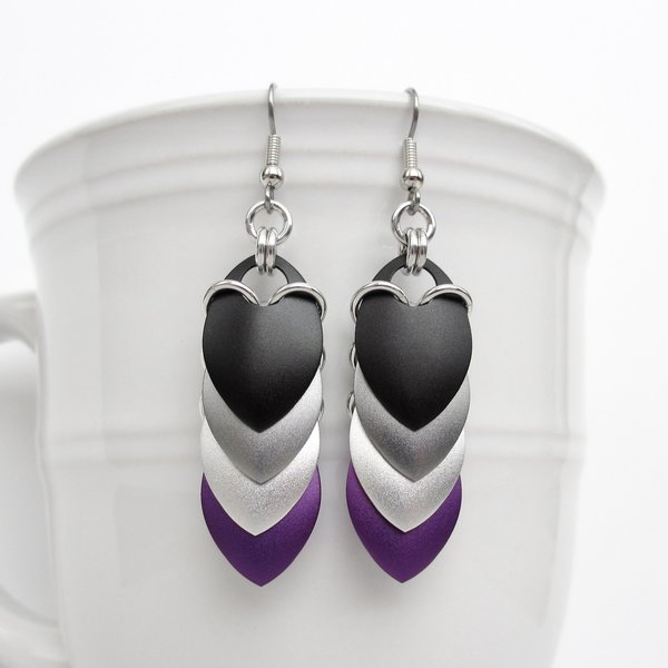 Handmade asexual pride earrings, chainmail scales jewelry, ace flag colors; black gray white purple