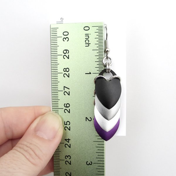 Handmade asexual pride earrings, chainmail scales jewelry, ace flag colors; black gray white purple