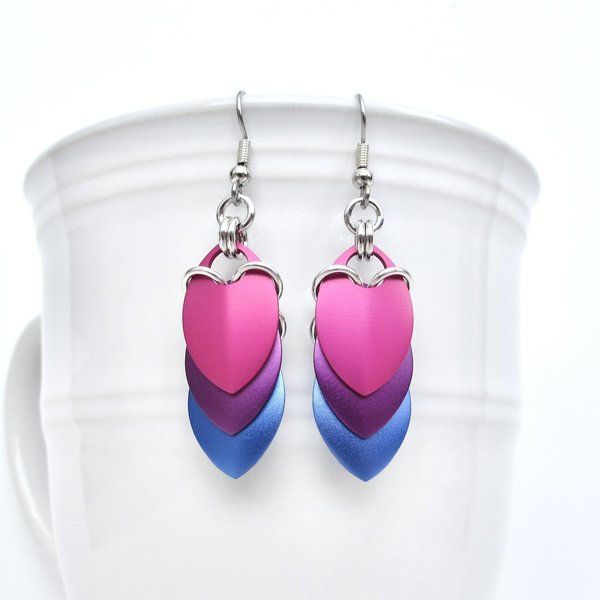 Bisexual pride earrings, handmade bi pride flag jewelry, lightweight chainmail scales; pink purple blue