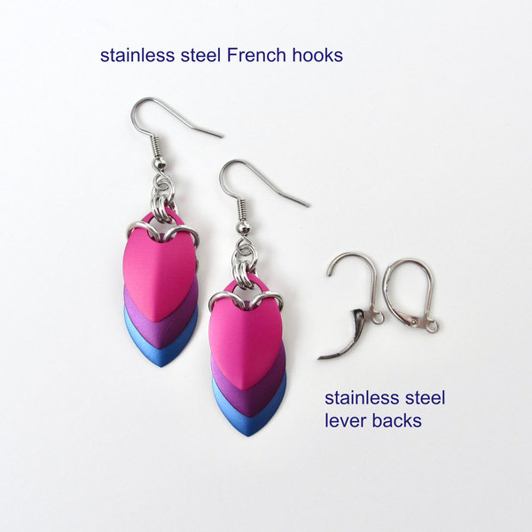 Bisexual pride earrings, handmade bi pride flag jewelry, lightweight chainmail scales; pink purple blue