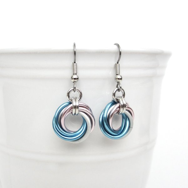 Transgender pride earrings, handmade love knot chainmail trans pride jewelry, choose light or dark pink