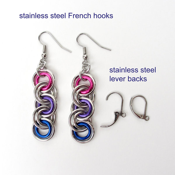 Bisexual pride earrings, bi flag jewelry, pink purple blue