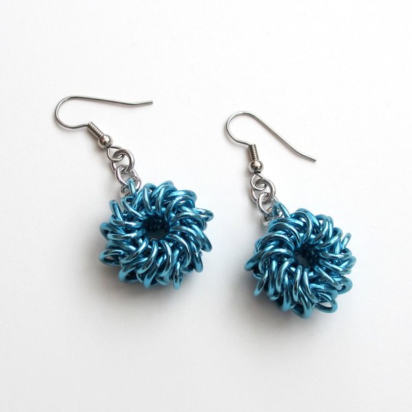 Turquoise chainmail earrings, Whirlybird weave