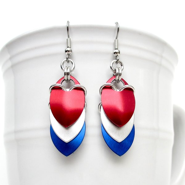 Red, white and blue chainmail scales earrings, USA patriotic pride