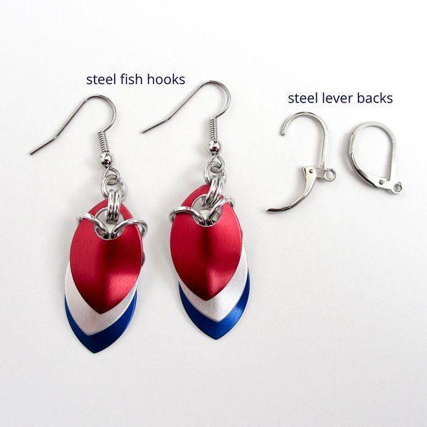 Red, white and blue chainmail scales earrings, USA patriotic pride