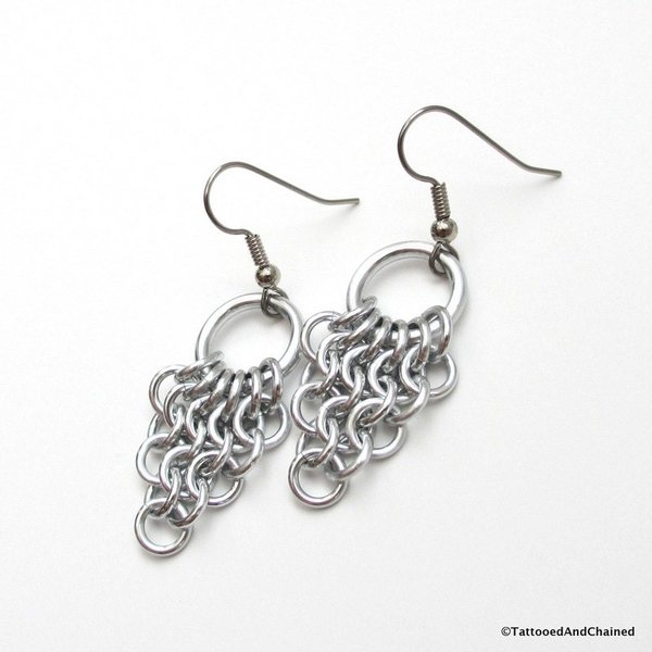 Chainmaille Euro 4 in 1 earrings, silver aluminum leaf shape dangle jewelry