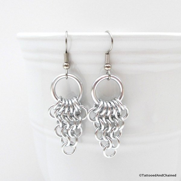 Chainmaille Euro 4 in 1 earrings, silver aluminum leaf shape dangle jewelry