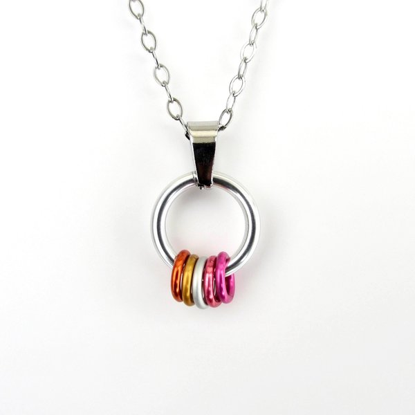 Minimalist Lesbian Pride Pendant with Floating Rings in Sunset Flag Colors - Handmade LGBTQ Jewelry