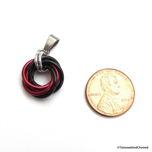 Red and black pendant necklace, chainmail love knot, chainmail jewelry