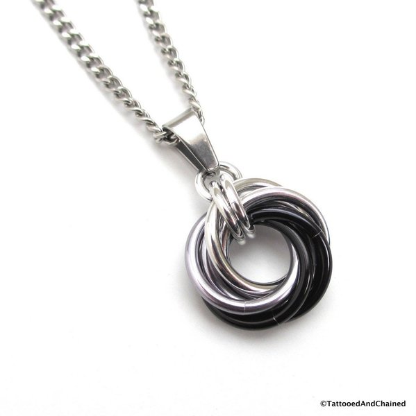 Silver, gray, and black pendant necklace, chainmail love knot, chainmail jewelry