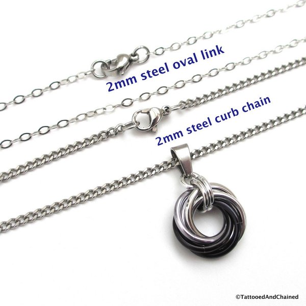 Silver, gray, and black pendant necklace, chainmail love knot, chainmail jewelry