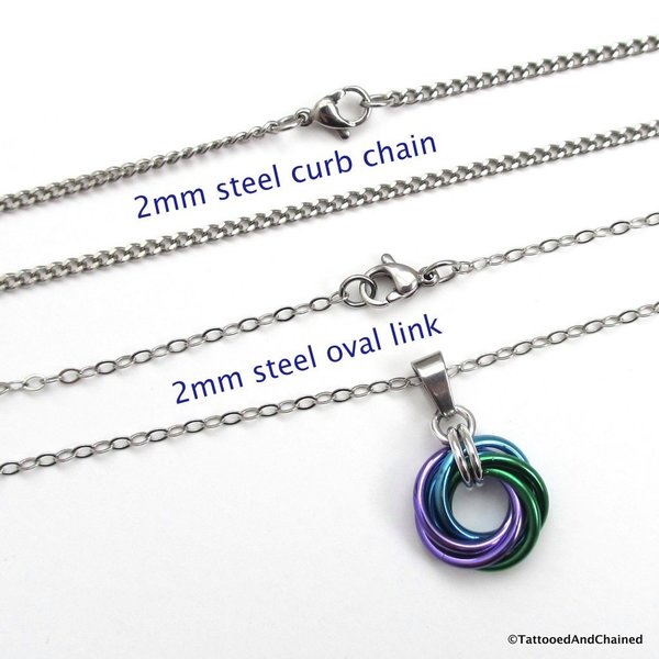 Chainmail love knot pendant, small circle necklace, purple, turquoise, and green jewelry
