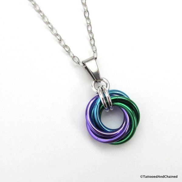 Chainmail love knot pendant, small circle necklace, purple, turquoise, and green jewelry